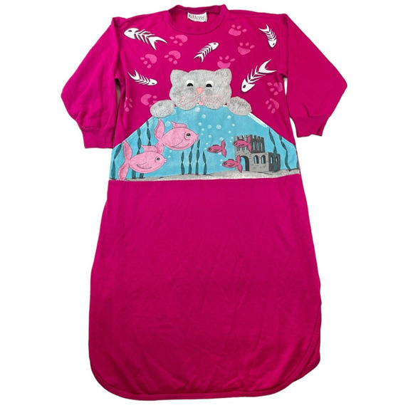 VTG 80’s Cat Fishbowl Cat Lady Sweatshirt Dress Sz Small Sleepwear Girlhoodcore - Picture 10 of 10